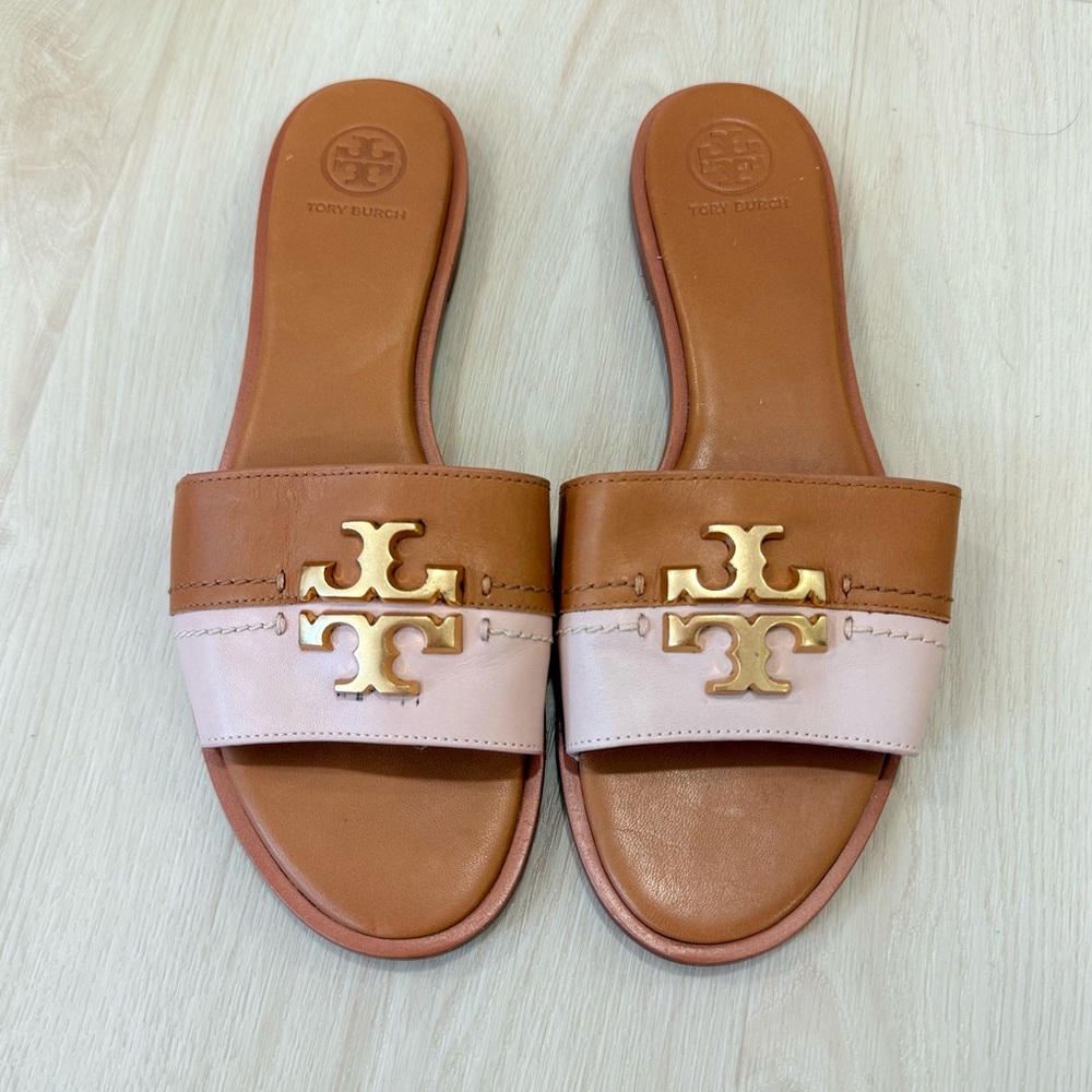 Tory Burch Everly flat slide sandal women’s 8 light pink tan gold logo